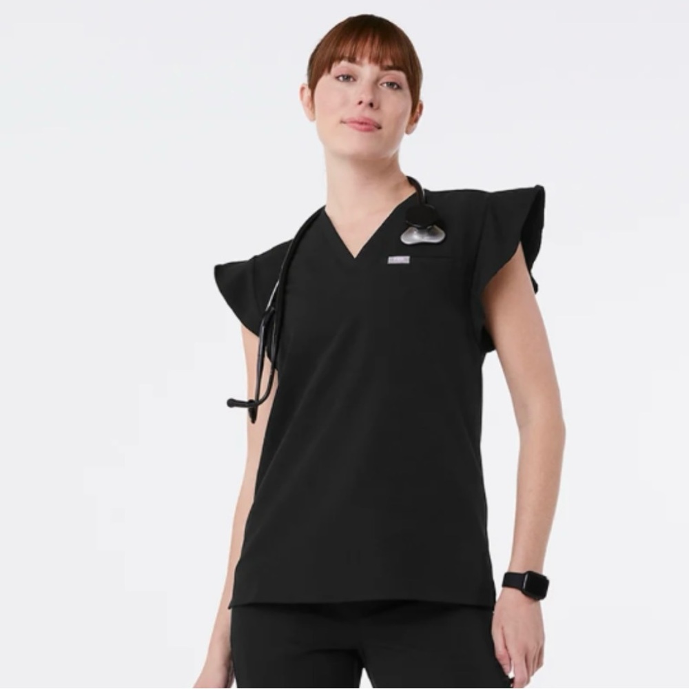 Figs Black Natal Flutter Sleeve Women's Scrub Top